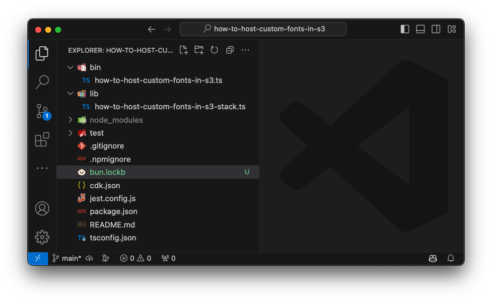 Image of VSCode after running the cdk init command and re-installing packages using bun