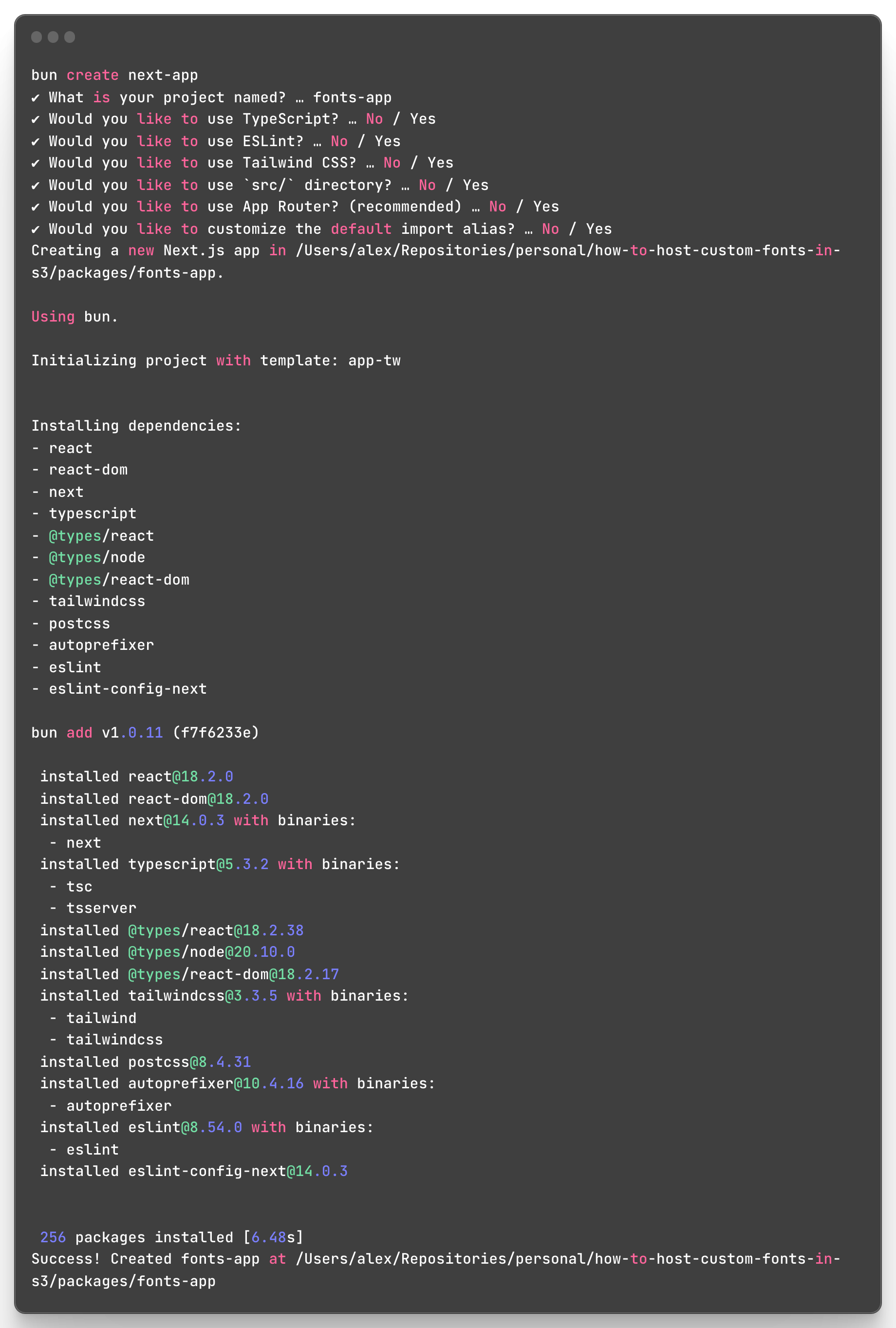 Image of output from running bun create-next-app