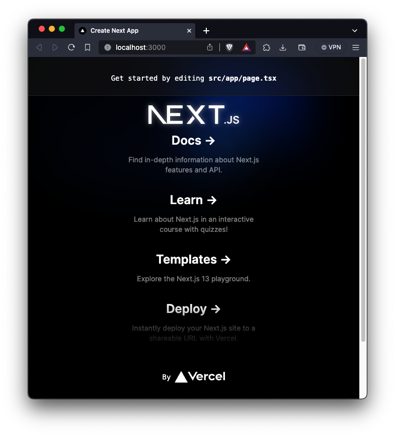 Image of the default Next.js page layout after running bun dev