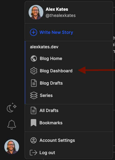 Hashnode Blog Dashboard from Logo Menu
