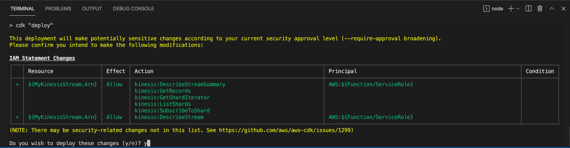 IAM changes approval after deploying the Kinesis event source