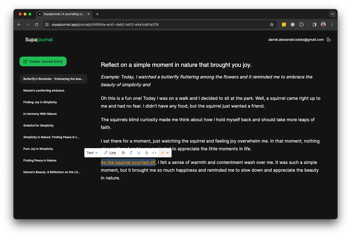 An image of supajournal.app writing page